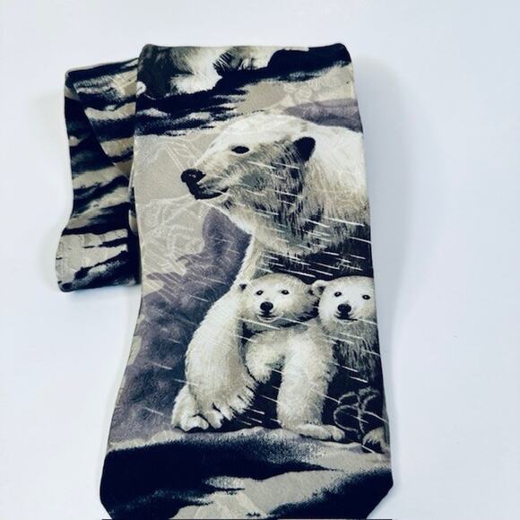 Endangered Species Men's Neck Tie Artic Polar Bears, Blk/White/Blu 100% Silk USA - Picture 2 of 14